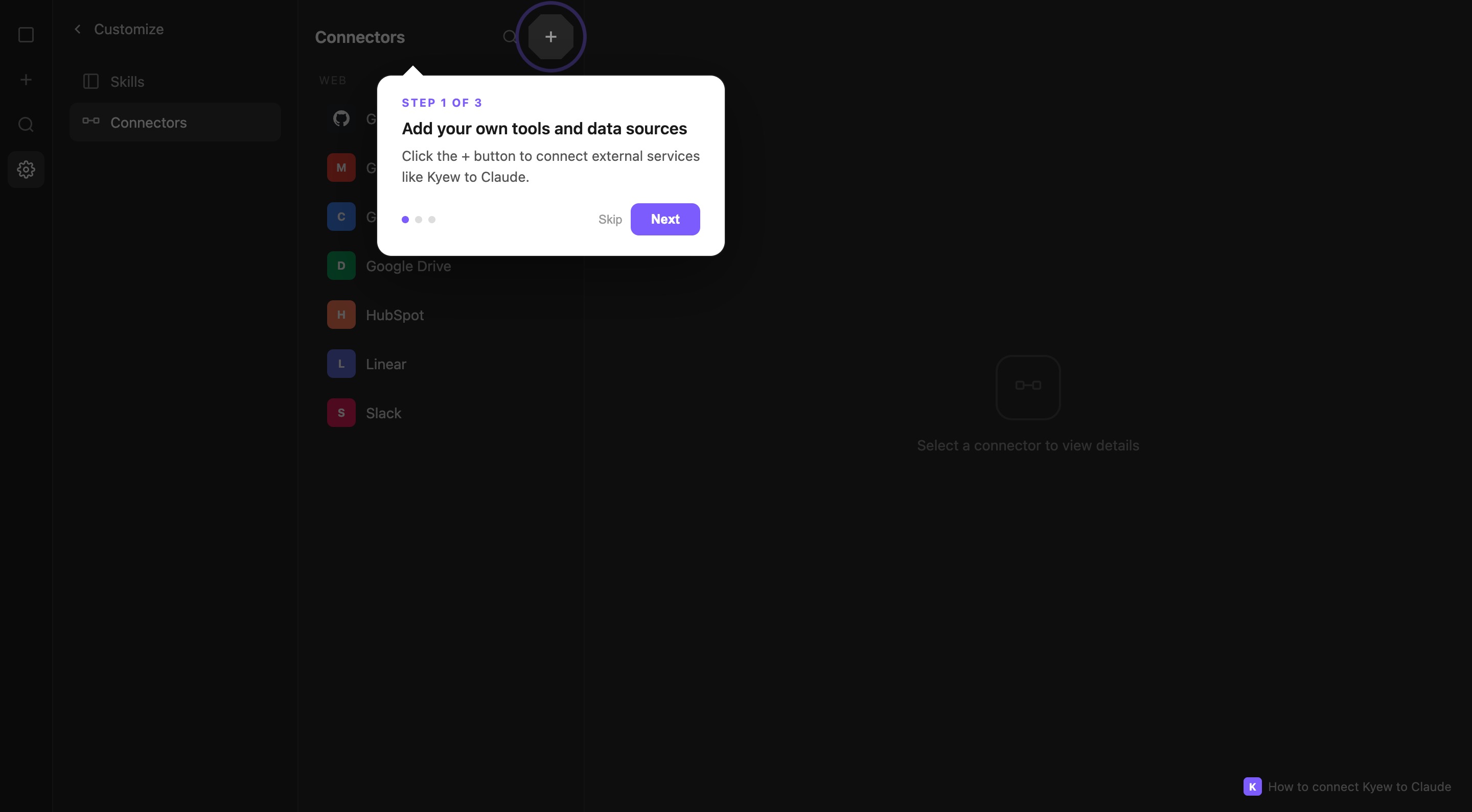 Claude.ai Connectors panel with the + button highlighted and a guided tour showing Step 1 of 3